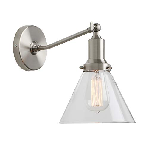 Permo Industrial Vintage Slope Pole Wall Mount Single Sconce with Funnel Flared Clear Glass Shade Wall Sconce Light Lamp Fixture (Brushed)