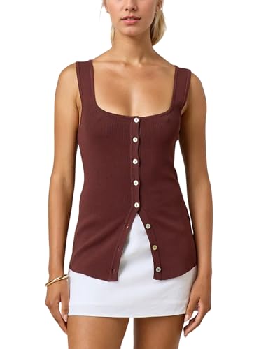 Image of Women Square Neck Button Down Knit Tank Top Button-Up U Neck Sleeveless Backless Solid Slim Sexy Sweater Vest Tops