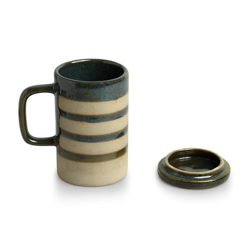Image of ExclusiveLane 'Teal Stripes' Ceramic Green Tea & Coffee Mug with Lid (Non Air-Tight, 320 ml, Microwave Safe)|Hand Glazed Ceramic Green Tea & Coffee Mug with Lid Drinkware Ceramic Green Tea Mug