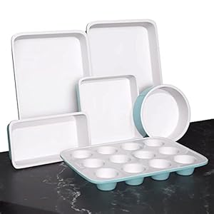 NutriChef 6-Piece Baking Pan Set, Carbon Steel Bakeware with Premium Ceramic Nonstick Coating, Includes 12-Cup Muffin Pan, Cake & Loaf Pan, Wide Bake Pan, & Cookie Sheet - Turquoise NutriChef 6 Piece Baking Pan Set Carbon Steel Bakeware with Premium Ceramic Nonstick Coating Includes 12 Cup Muffin Pan Cake Loaf Pan Wide Bake Pan Cookie Sheet Turquoise