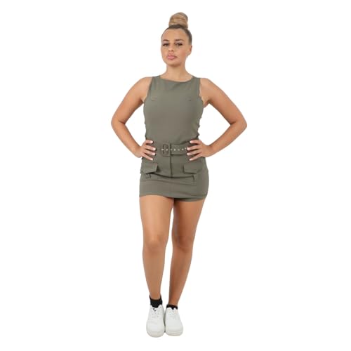 BESTITALIANUK Gürtel Kampf Cargo Playsuit, Ärmellos Rundhals S-2XL, Lässige Bodycon Fit, Khaki, 36, Khaki, 36