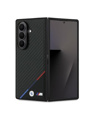 Image of CG MOBILE BMW [Official Licensed] M Collection | Magnetic System, PU Leather & Carbon Case | Tricolor Stripe & Metal Logo Protective Case /Cover Designed for Galaxy Z Fold 7 - Black
