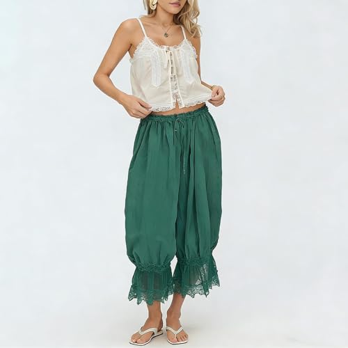 Image of KOSUSANILL Women Long Bloomer Pants Lace Trim Ruffle Pantaloons Cropped Lounge Pajama Bottoms Y2K Capri Pettipants