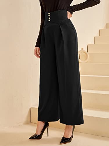SweatyRocks Women's Elegant High Waist Pleated Pants Button Front Wide Leg Trouser Pants4
