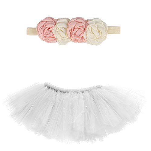 Petyoung Falda de Tutú para Bebé Recién Nacido Y Tocado de Flores para Fotografía Accesorio de Bebé Blanco Cover