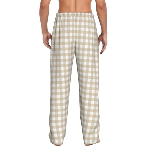Mens Pajama Pants Bottoms With Pockets- White Beige Twill Stripe Plaid Soft Mens Pj Pants, Comfy Men Lounge Pants4