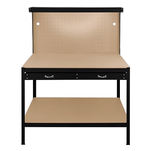 Banco da lavoro con cassetti multiuso da 120 cm con luce LED ripiani e opzioni di stoccaggio intelligenti per garage, officine e magazzini - Capacità di carico 200 kg – Nero