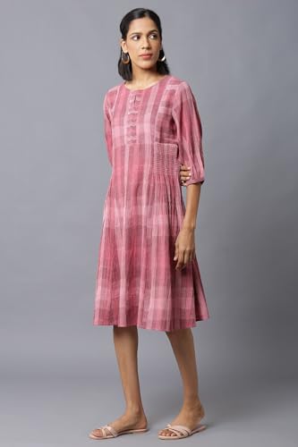 Image of W for Woman Women's Cotton Dark Pink Ikkat Smoking Dress in Round Neck Below The Knee