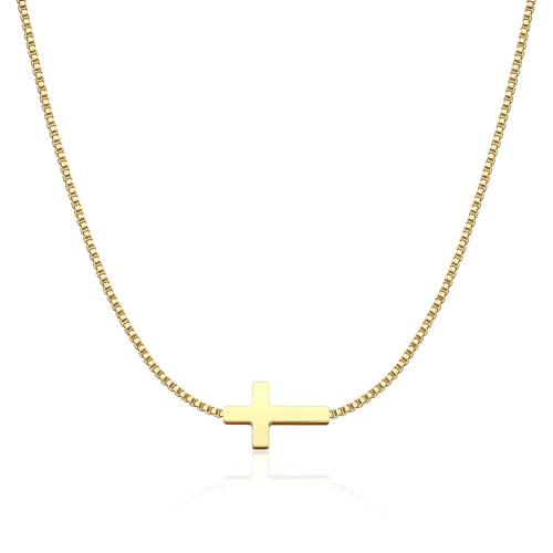 Rotnso Cross Necklace for Women 14K Gold Plated Dainty Small Sideways Cross Pendant Choker Simple Trendy Cute Cross Charm Box Chain Necklace Easter Basket Stuffers Baptism Religious Faith Jewelry Gift