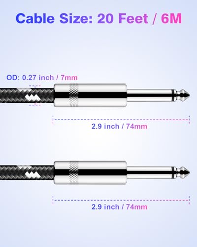 Image of New Bee Guitar Cable 20 ft Electric Instrument Cable Bass AMP Cord 1 /4 Straight to Straight for Electric Guitar, Bass Guitar, Electric Mandolin, Pro Audio, Black Whtie