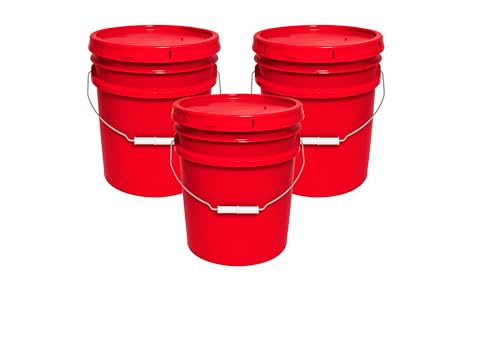 Image of 5 Gallon Bucket & Lid - All Purpose Pail - Made in USA - Food Grade - BPA Free (Red, 3-Pack)