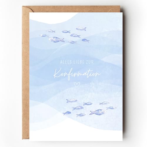 Glückwunschkarte zur Konfirmation mit Fischen modern Konfirmationskarte für Jungen und Mädchen minimalistisch A6 Karte mit Umschlag für Geld Geschenk Konfirmand (1 Karte mit Umschlag)