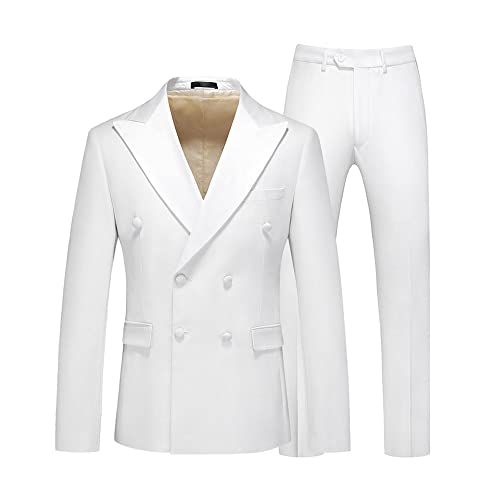 White Men's Suit Peak Lapel Double Breasted Blazer Tuxedos Wedding Prom Slim Fit Jacket Pants