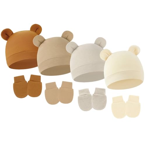 4 Pack Newborn Hats Mittens Set Bear Ears Preemie Hat Infant Hospital Mitten for Baby Boy Girl 0-6 Months