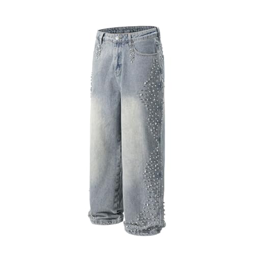 Men's Vintage Gemstone Baggy Jeans, Straight Loose Ropa Hombre, High Street Washed Casual Denim