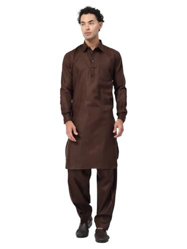 Image of Men's Traditional Pathani Kurta Salwar Set, Red, Long Sleeve, Collared Neck, Cotton Blend, Ethnic Wear