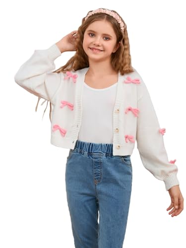 MakeMeChic Girl's Cute Cardigan 3D Bow Long Sleeve V Neck Button Down Cardigan Sweater Knitted Outerwear 8-12 Years