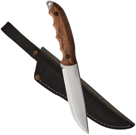 BPS Knives HK5 - Camping Full-Tang Knife with Leather Sheath - Survival Tactical Knife - Camp Knives- Fixed-Blade Carbon Steel Knife - Scandinavian Sharpening - Utility Knife - Knife with Wood Handle