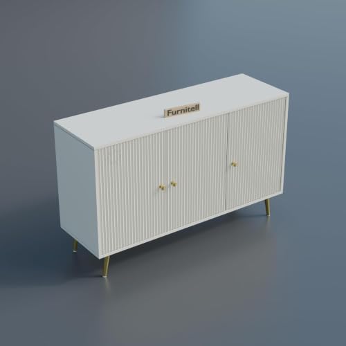 Image of Wooden Storage Cabinet for Living Room & Bedroom | Fluted Design Sideboard with 3 Doors | Multipurpose Organizer for Entryway | HDMR Premium Wood | Gold Metal Legs | White
