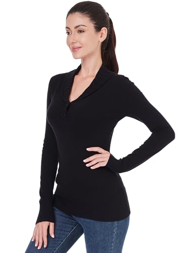 Image of AmelieBoutik Women Cable Knit Button Collar V Neck Ribbed Trim Long Sleeve Sweater Top