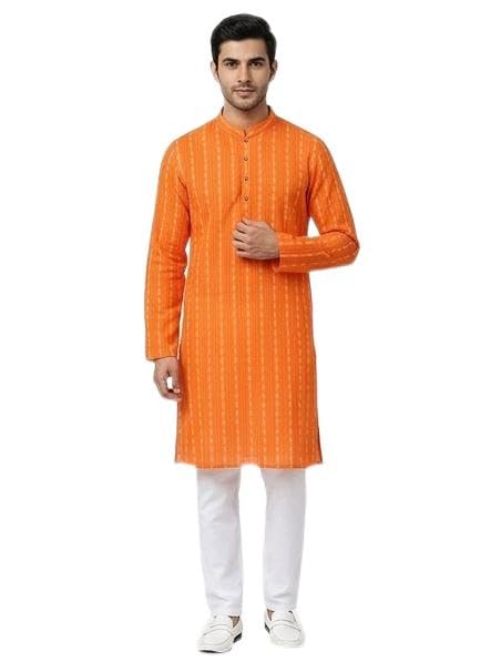 Men's Orange Striped Cotton Kurta with Mandarin Collar (S)-image-23