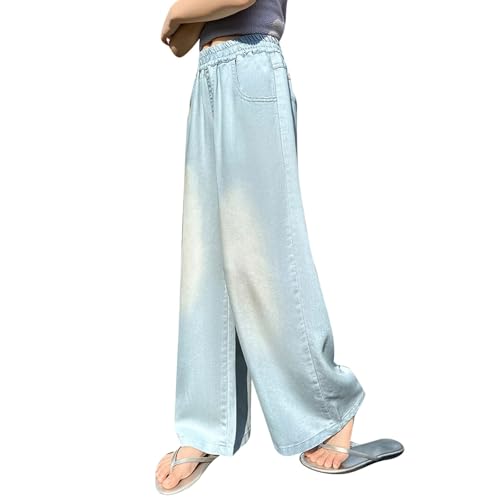 Girl's Y2k Graphic Jeans Tropical Print Cargo Jeans Elastic Wasit Wide Leg Loose Fit Casual Denim Pant with Pockets