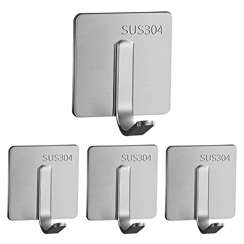 Ganchos autoadhesivos SUS 304 de acero inoxidable para puerta, sin taladrar, ganchos de pared, toallero para casa, cocina, baño, oficina, resistente al agua, 4 unidades, color negro (plateado) Cover