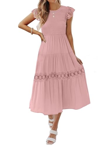 ZESICA Women's Casual Crew Neck Flutter Sleeve Smocked High Waist Hollow Out Lace Trim Tiered A Line Midi Dress,DarkPink,Small