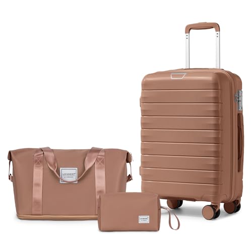 Image of LARVENDER Carry On Luggage 22x14x9 Airline Approved, Suitcases with Wheels | Hardside PP Carry On Suitcase with Duffel Bag, Luggage Sets for Women Men, TSA Lock, Mocha