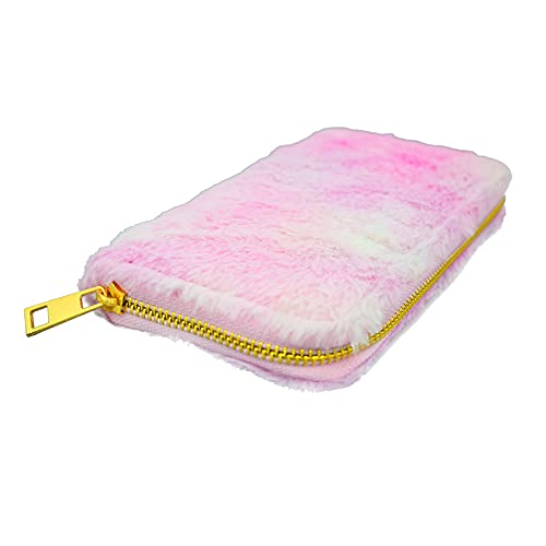 Rainbow Fur Wallet Tie Dye Plush Zipper Long Clutch Purse Card Holder for Girls (Pink Ombre)3