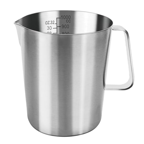 Glayent Caraffa graduata da 1 l, in acciaio , misurino in metallo con manico, con scala di oncia e ml, lavabile in lavastoviglie, lattiera