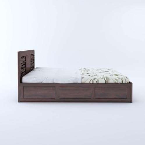 Image of Ganpati Arts Solid Sheesham Wood Queen Size Raj Bed with Box Storage | Wooden Double Bed Cot Palang Fruniture for Bedroom Living Room and Home (Walnut Finish) 1 Year Warranty