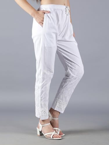 Image of Seva Chikan Hand Embroidered Lucknowi Chikankari White Cotton Palazzo Pant for Women SCL11016