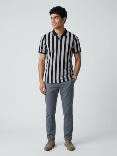Image of Raymond Men Modern Fit Stripe Pattern Pure Cotton Polo Neck Half Sleeve Casual T-Shirt