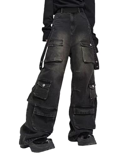 SOMTHRON Women's Baggy Cargo Denim Pants High Waisted Wide Leg Y2k Hip Hop Grunge Multi-Pocket Jeans Streetwear