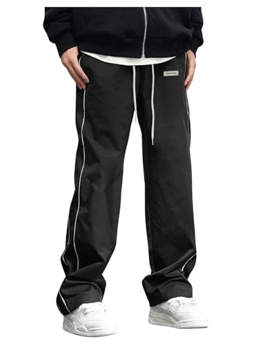 OYOANGLE Men's Letter Patched Drawstring Waisted Cargo Pants Seam Side Loose Fit Sports Joggers