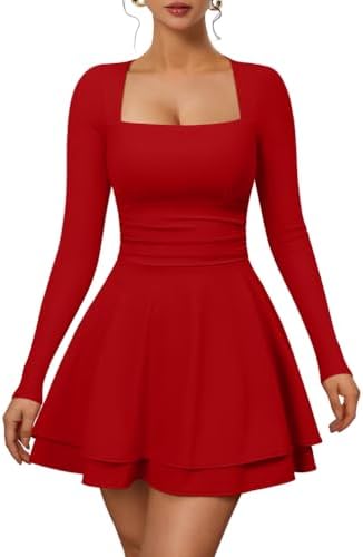 XXTAXN Women’s Sexy Long Sleeve Square Neck Flowy Hem Ruched High...