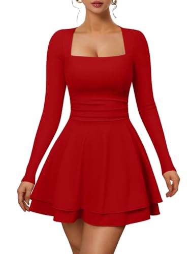 XXTAXN Women's Sexy Long Sleeve Square Neck Flowy Hem Ruched High Waist Party Mini Dress with Side...