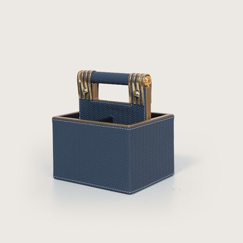 Image of HOME 360 Woven Pattern Leather Spoon Stand | Cutlery Stand with 4 Divider 18X16X13 CM | Use for Dining table| Organize Spoons | Forks | Cutlery | Home Decor | Spoons Holder | Cutlery Holder | Blue