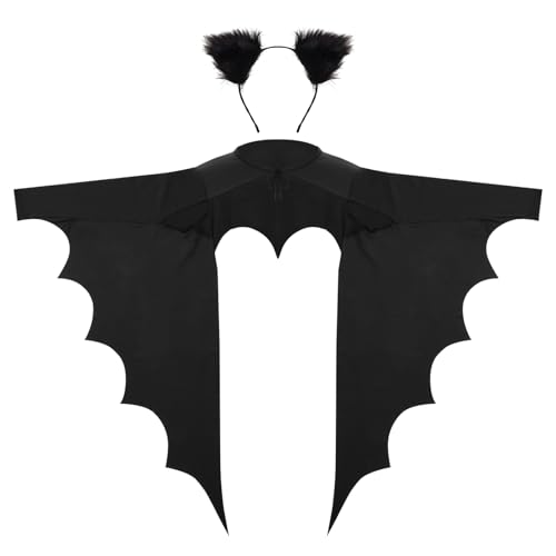 Gvhntk 2 Pcs Halloween Bat Costume Accessories for Women Black Bat Sleeve Wings Shrug Plush Ear Headband for Halloween Cosplay
