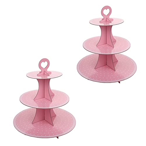 2 Sätze Tortenständer aus Karton 3 Etagen, Cupcake Ständer aus Pappe, Muffinständer für Kindergeburtstag, Dessertständer für Geburtstag Party, Kaffeetafel, Hochzeit (Tupfen rosa) Cover