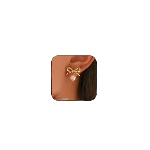 Zvcofun Bow Earrings for Women, Dainty Pearl Earring Studs 14K Gold Earrings for Women Trendy Pearl Jewelry Gifts for Her