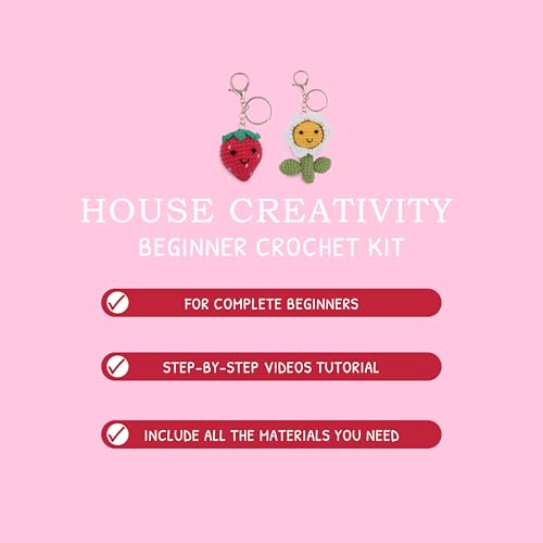 Image of HOUSE CREATIVITY Crochet Keychain Kit for Beginners, Make 2 Strawberry & Sunflower Charms, Crochet Kits with Video Tutorial, Complete Set with Yarn, Hook & Keyring, Cozy Stress Relief Gift for Adults