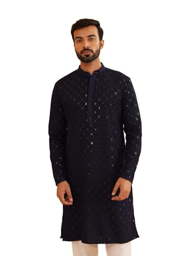 Image of SOJANYA Men's Coffee Brown Cotton Blend Kurta with Intricate Embroidery & Subtle Sequin Work