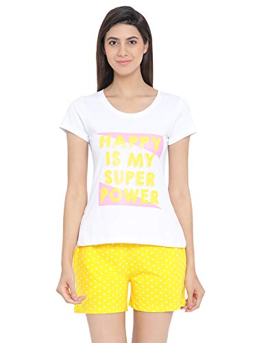 Image of Clovia Women's Cotton Rich Text Print Top & Polka Print Shorts