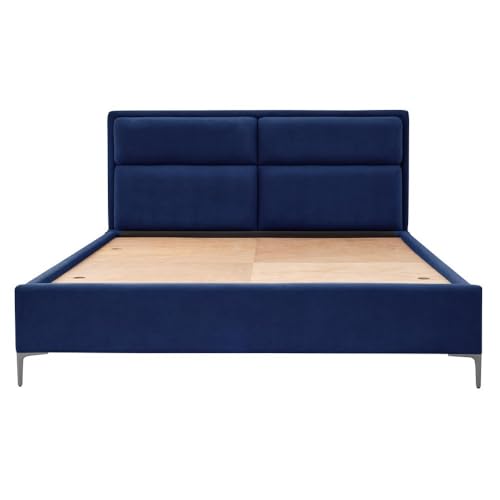 Image of Wakefit Bed | King (78 X 72) Solid Wood Bed, Upholstered, Without Storage, 3 Year Warranty - Zewail - Velvet Blue