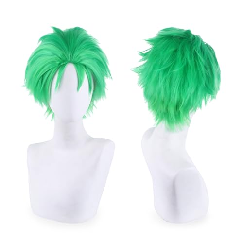 YONGCANWIG Cool Halloween Short Green Cosplay Wig 2 Hair Caps+ Wig Cosplay Anime Mens Hair Greenish Costume Event Party Wigs for Both Men and Teen boys