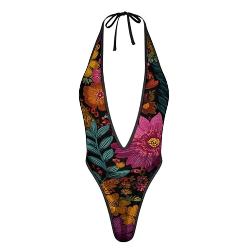 Women's Mesh One Piece Deep V-Neck Sling Shot Halter Monokini Bikini Floral Swimsuit Thong