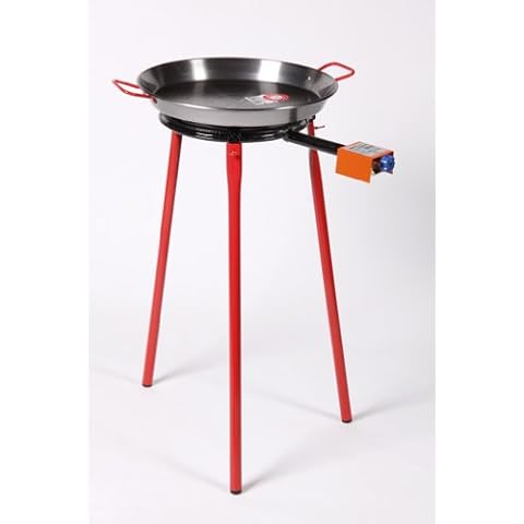 Set Garcima Mediterrani: Paellera de Acero al Carbono 42cm, Quemador 35cm, Soporte Tripode Rojo Cover