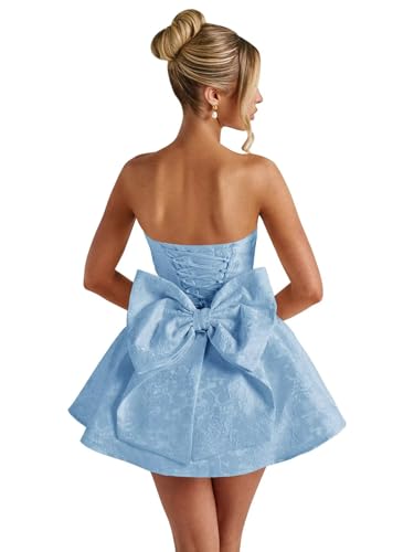 Image of Basgute Floral Jacquard Satin Short Homecoming Dresses for Teens A Line Strapless Formal Prom Evening Gown with Bow